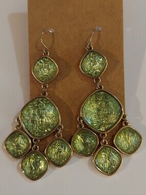 Green And Gold Toned Dangle Earrings With Fishhook Backs